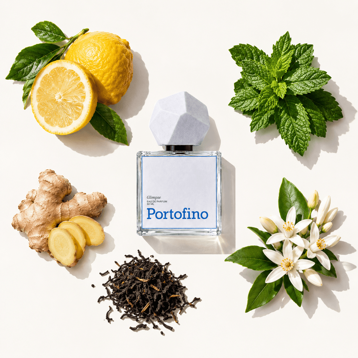 Portofino perfume bottle with fragrance notes